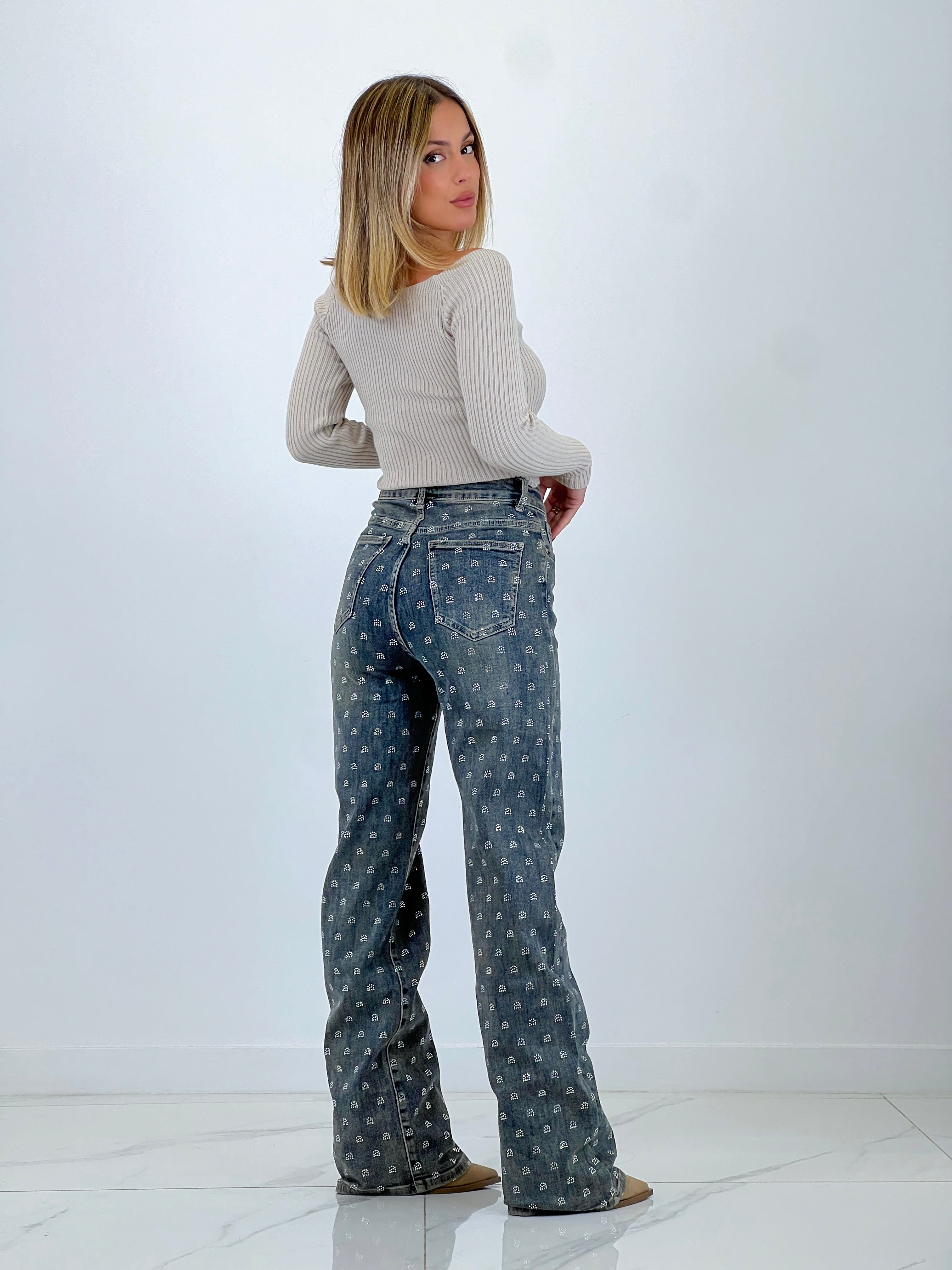 Jeans jambe large cercles brillants