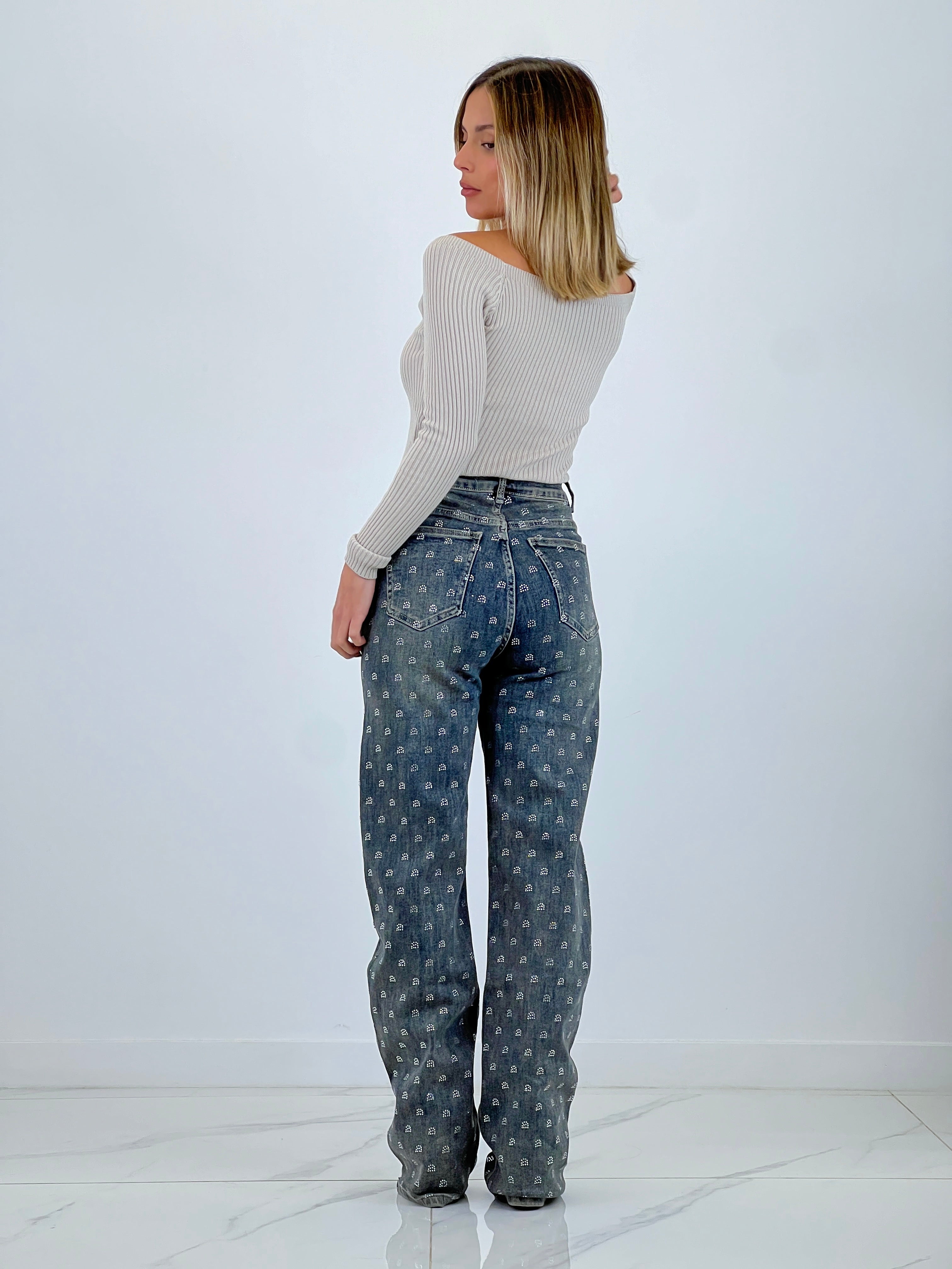 Jeans jambe large cercles brillants