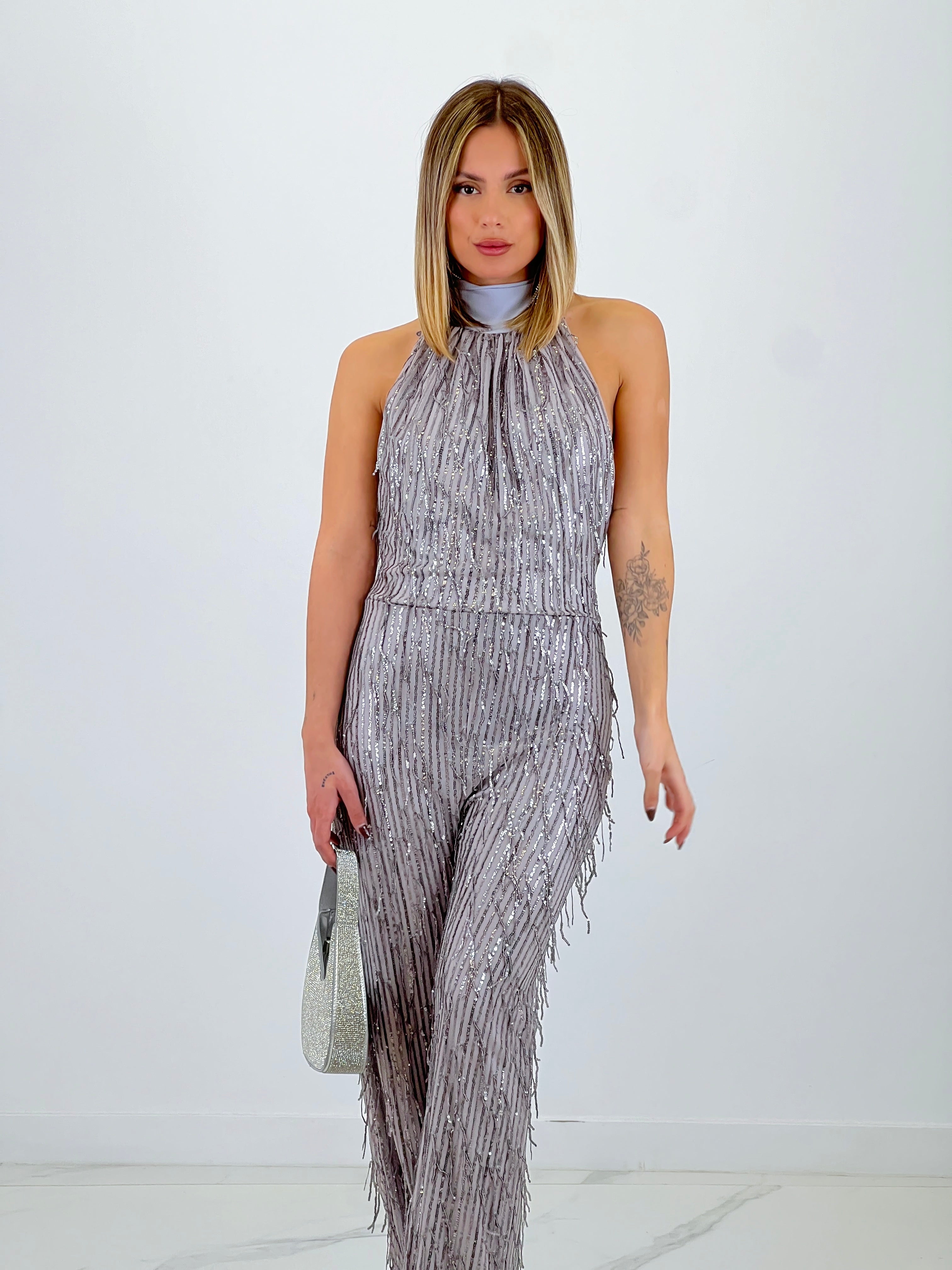 Mono halter con frange e paillettes