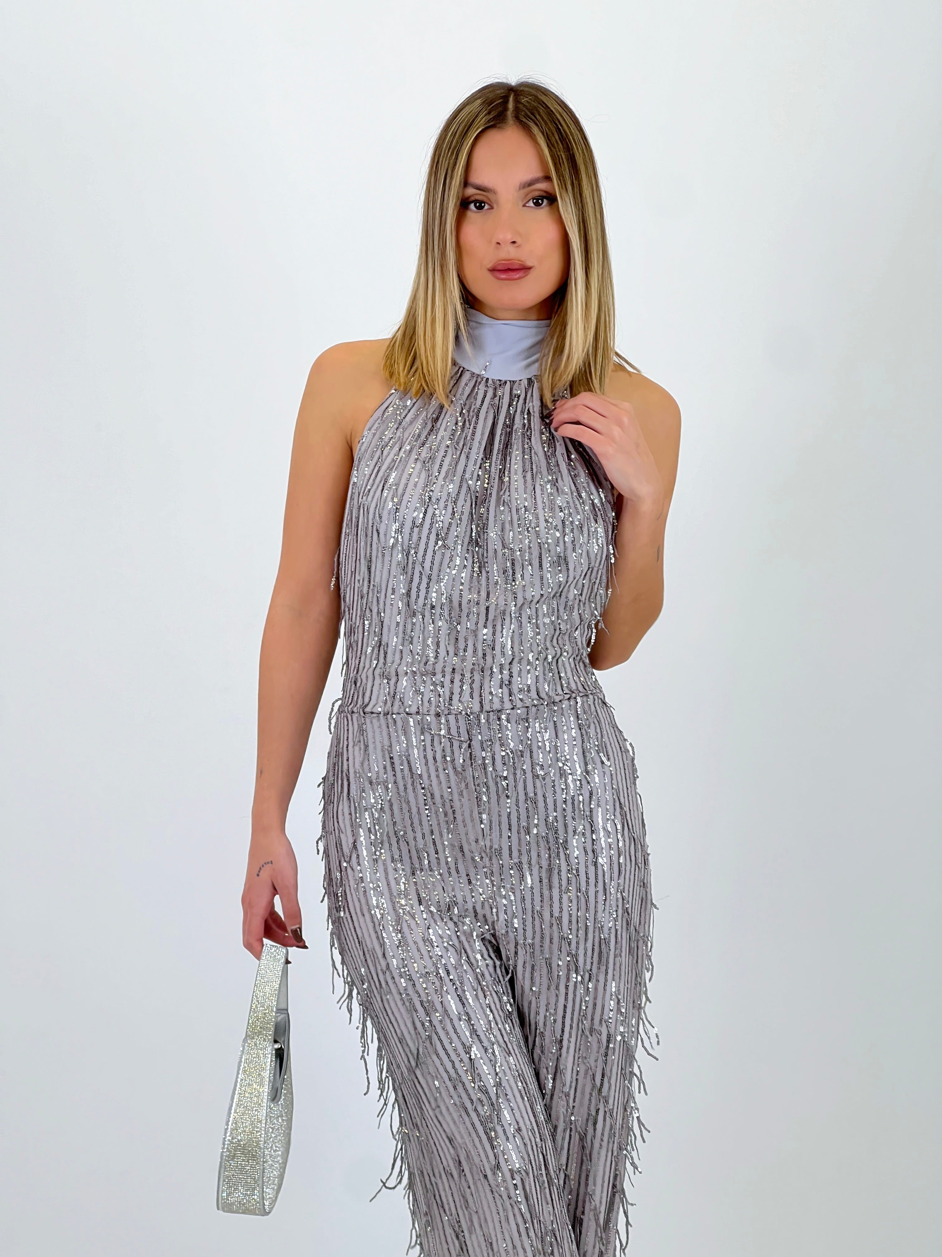 Mono halter con frange e paillettes