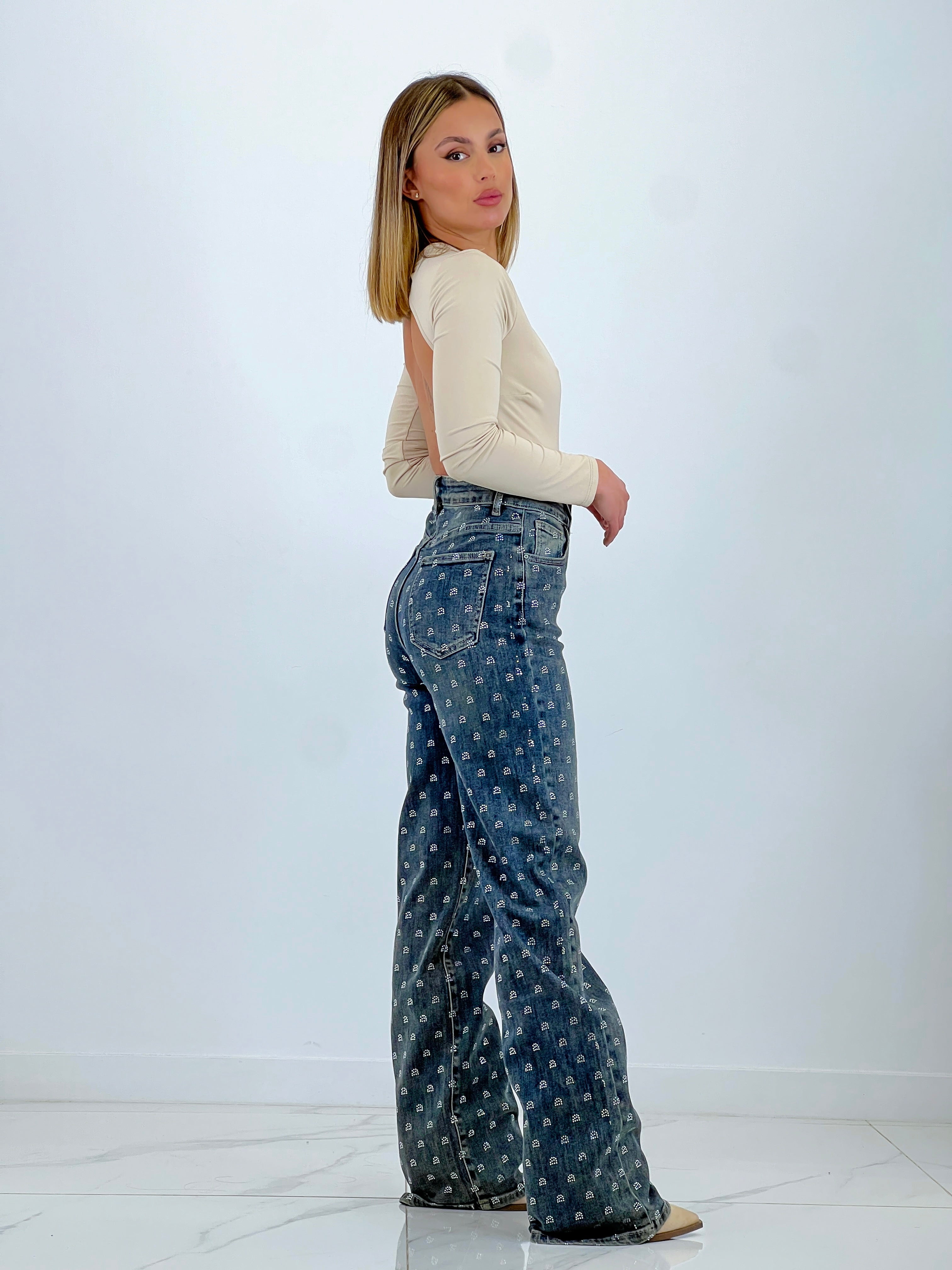 Jeans jambe large cercles brillants