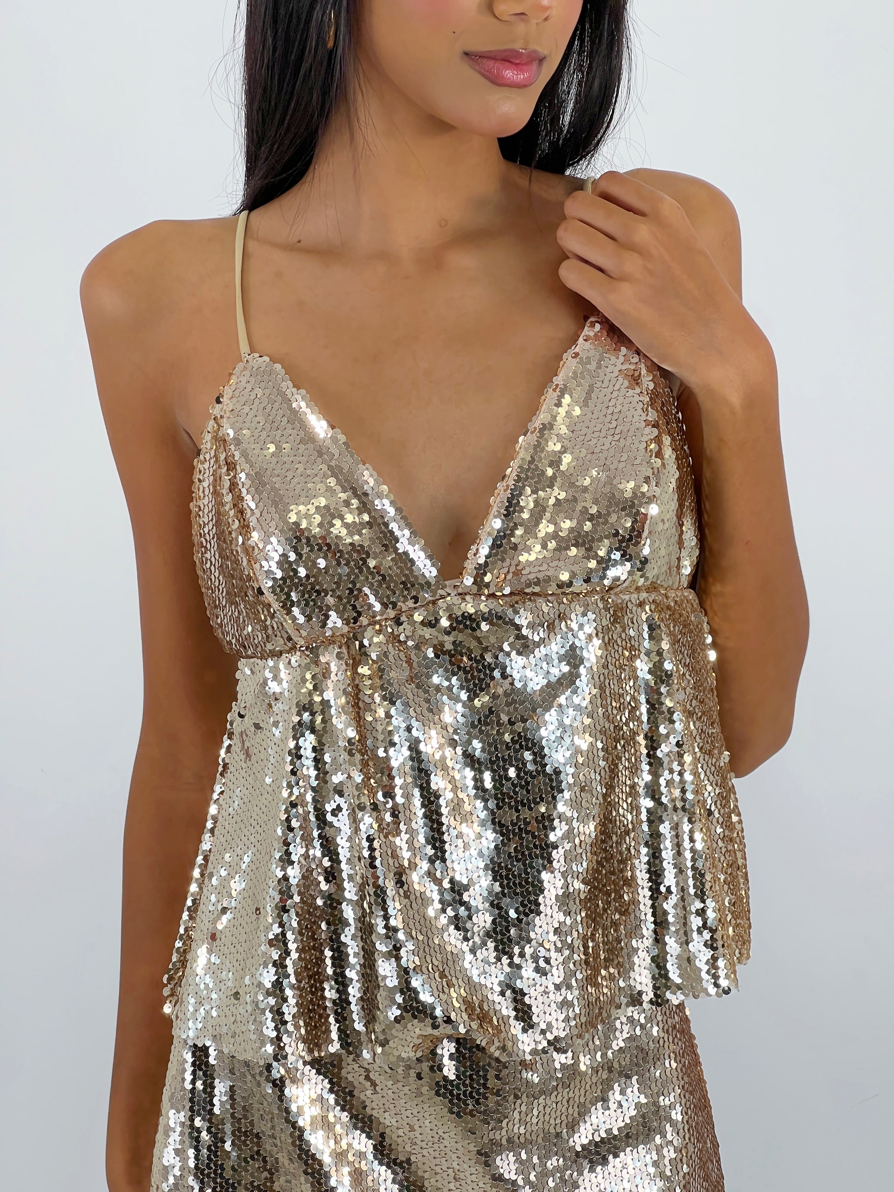 Top décolleté en V à paillettes