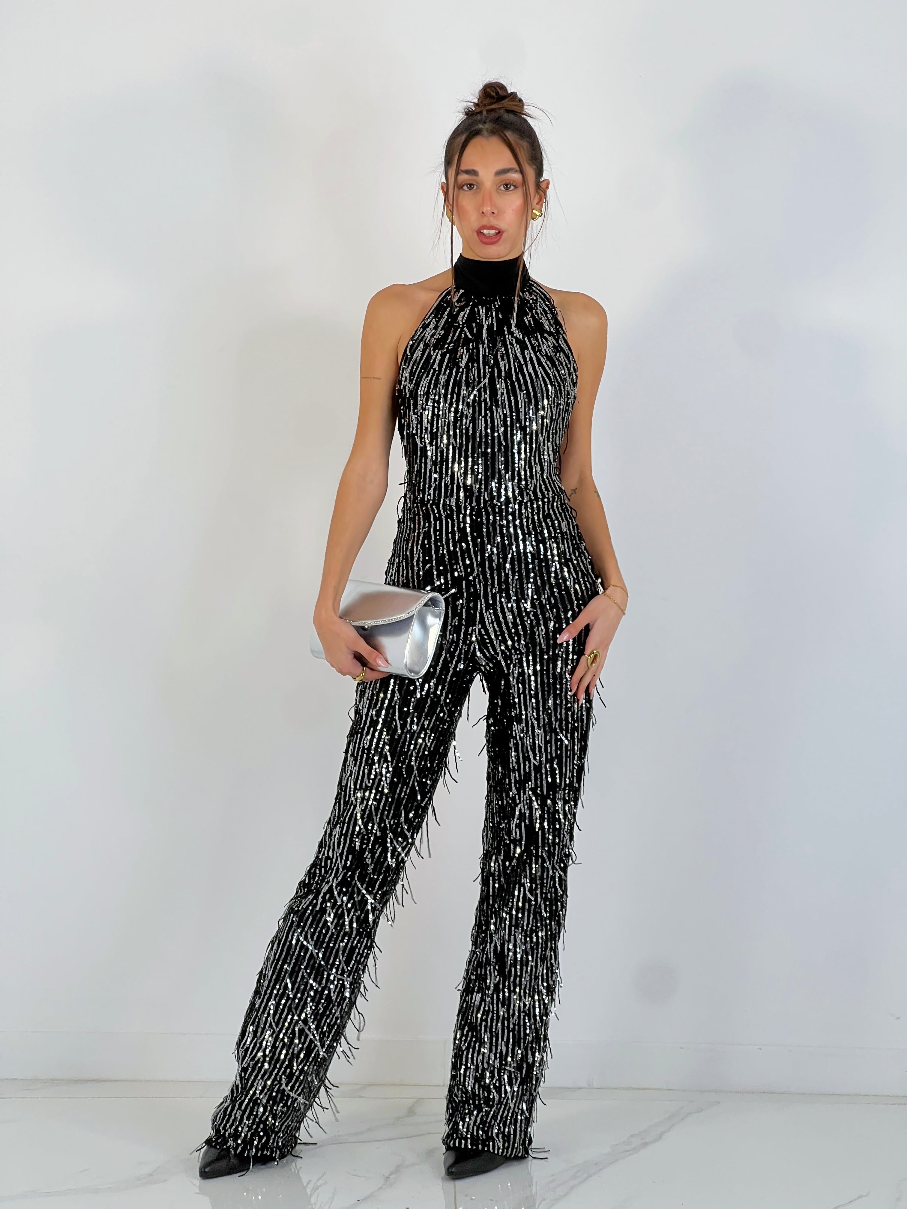 Mono halter con frange e paillettes