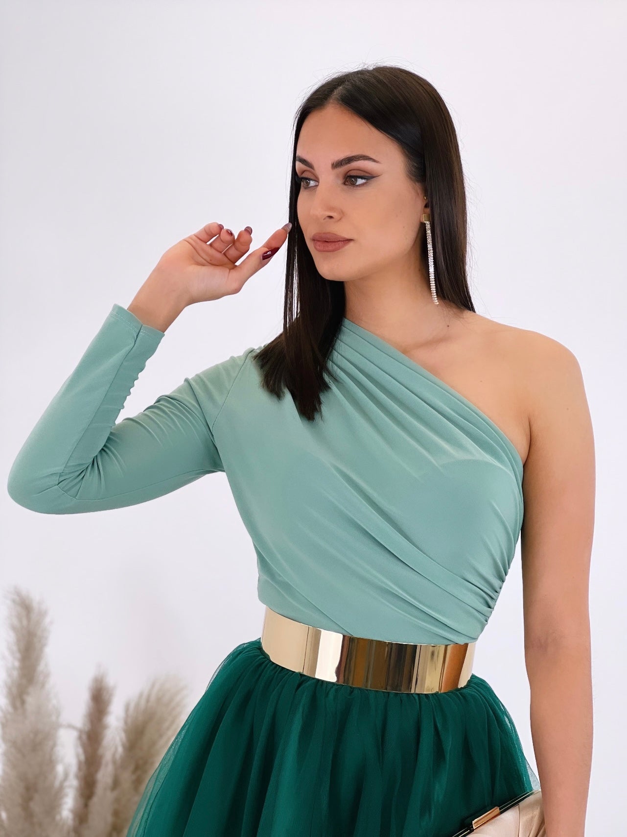 Asymmetrical gathered bodysuit