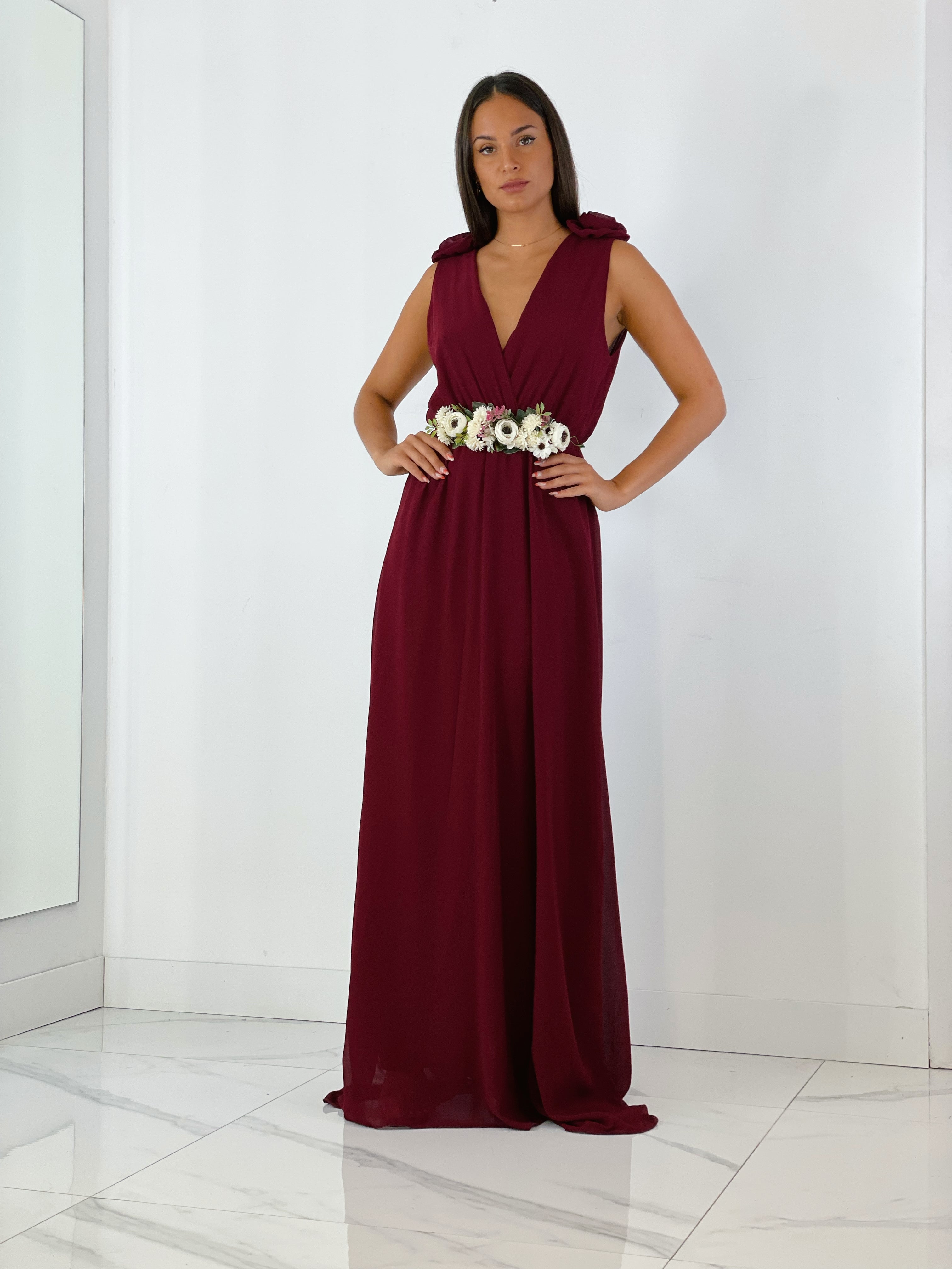 Vestido ceremonia con flores en los hombros color granate | Zebra&Maduixa