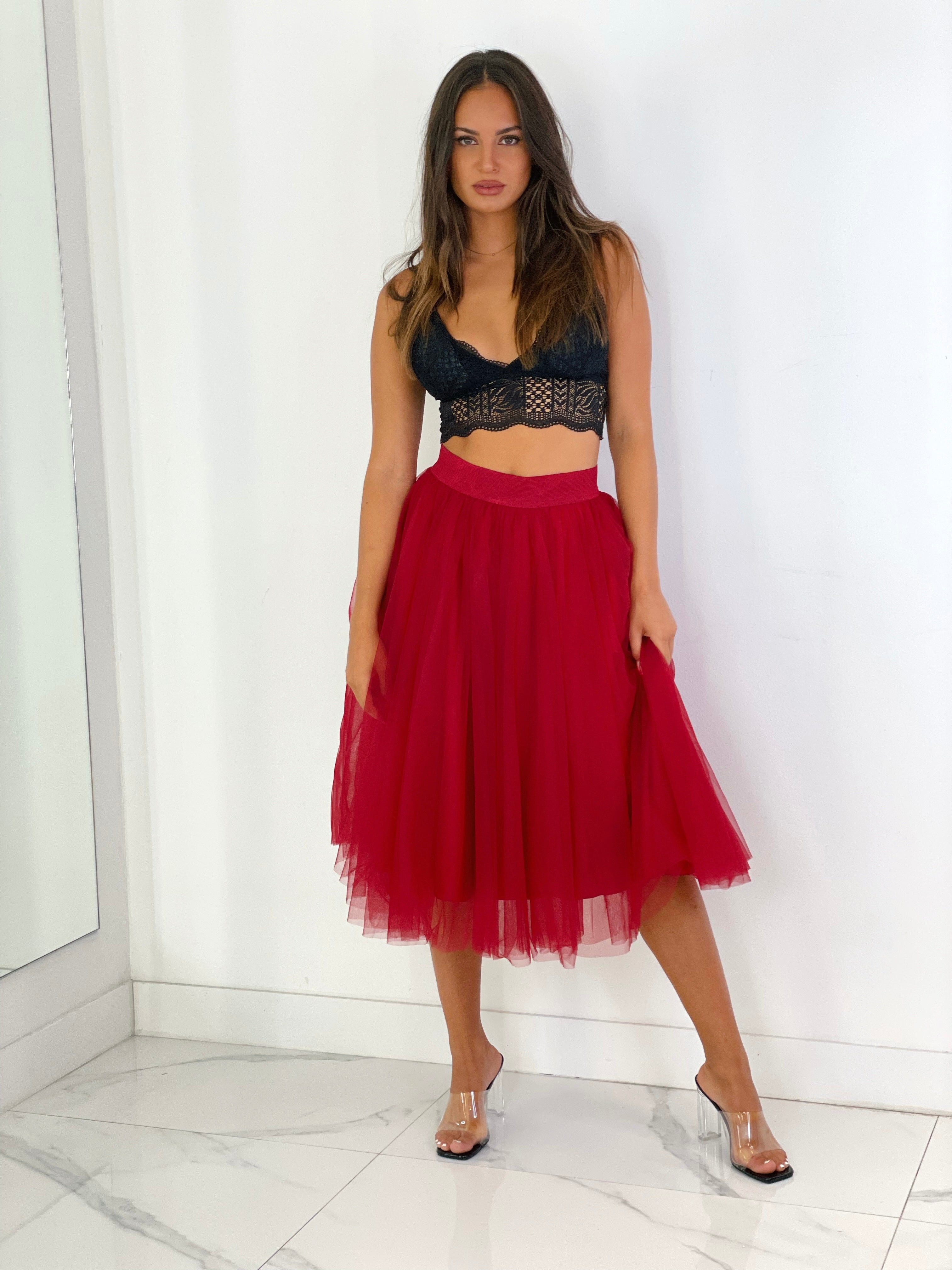 Falda de tul midi roja - elegante para boda o eventos o ceremonia | Zebra&Maduixa