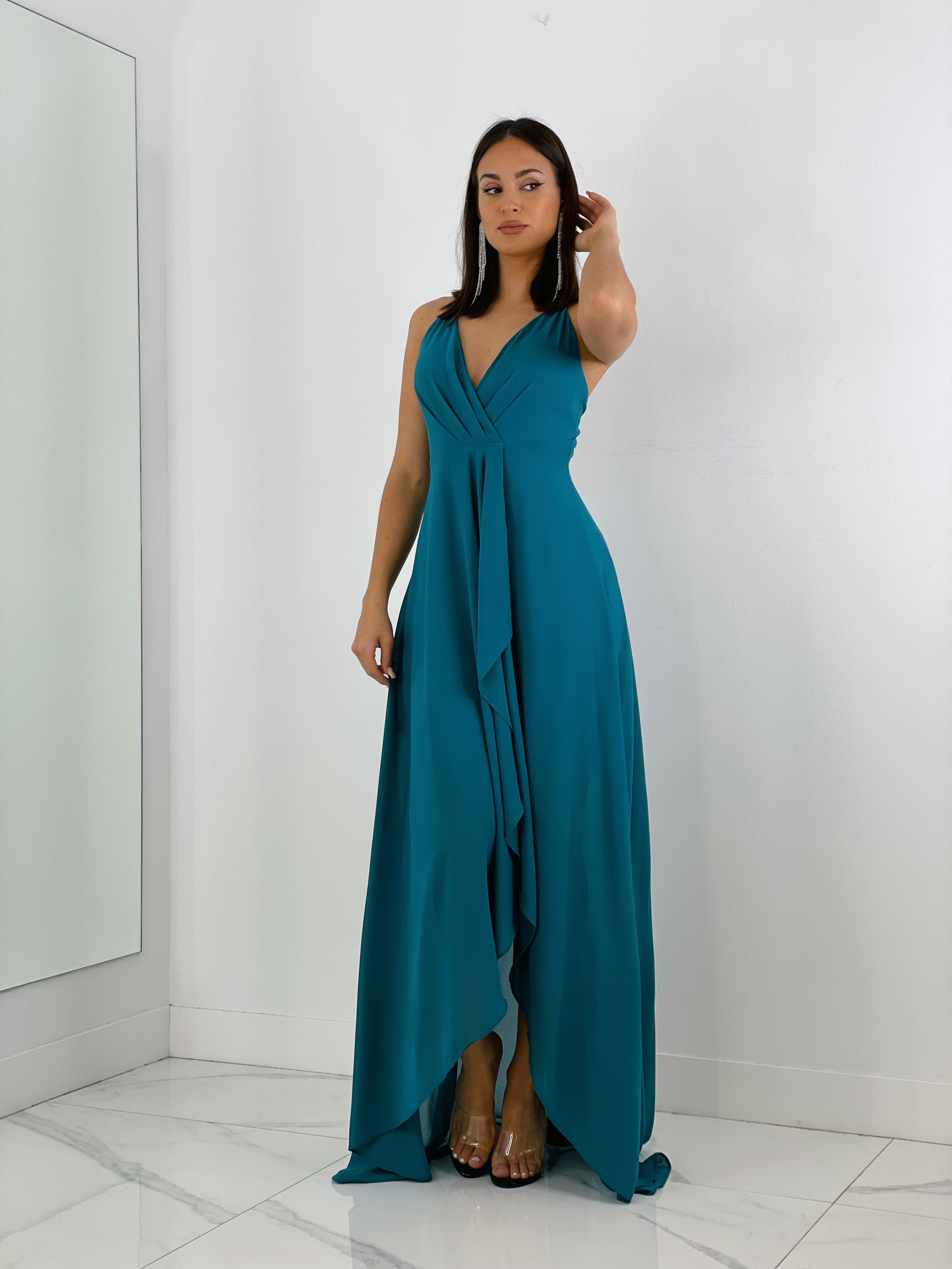 Vestido de ceremonia de escote cruzado y espalda cruzada color petróleo | Zebra&Maduixa