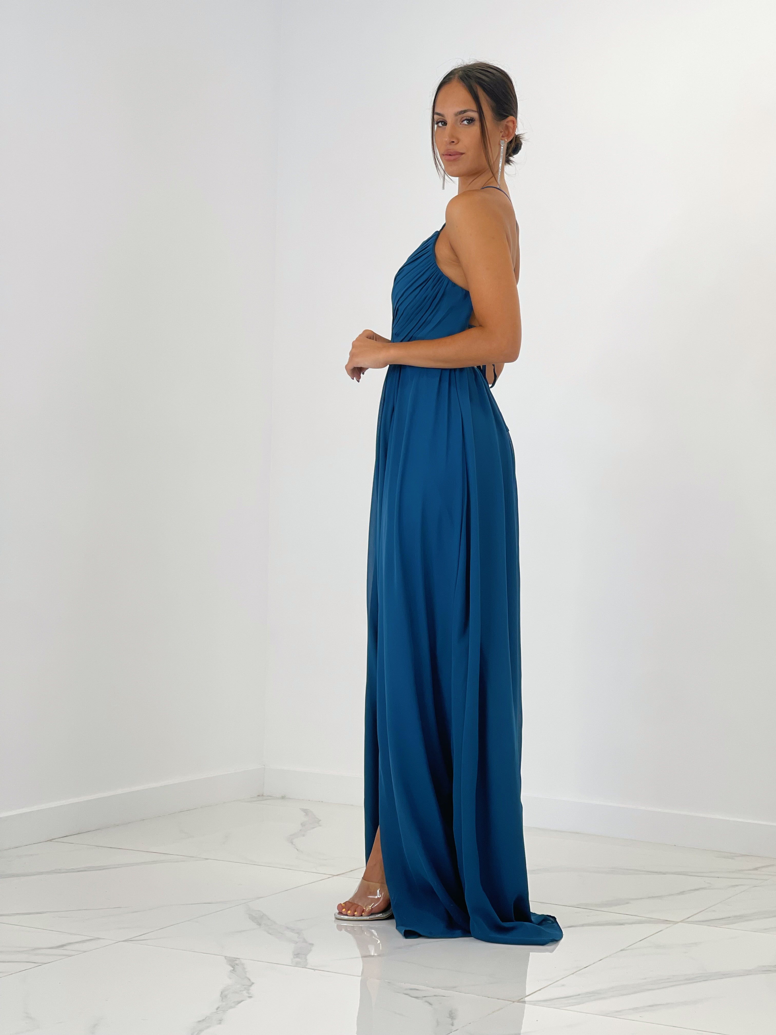 Vestido de ceremonia con escote cruzado y espalda cruzada petroleo | Zebra&Maduixa