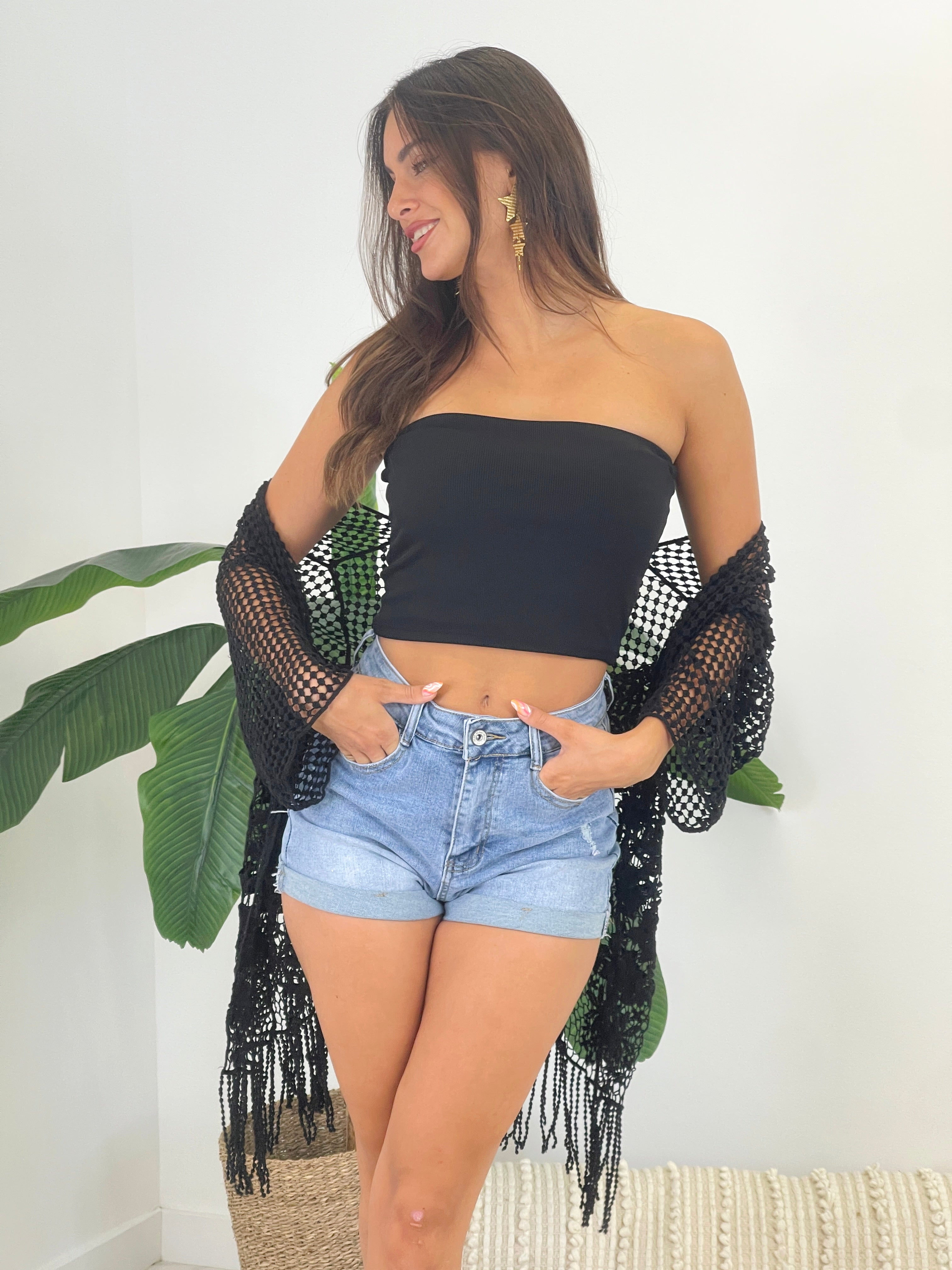 Openwork jacket with fringes