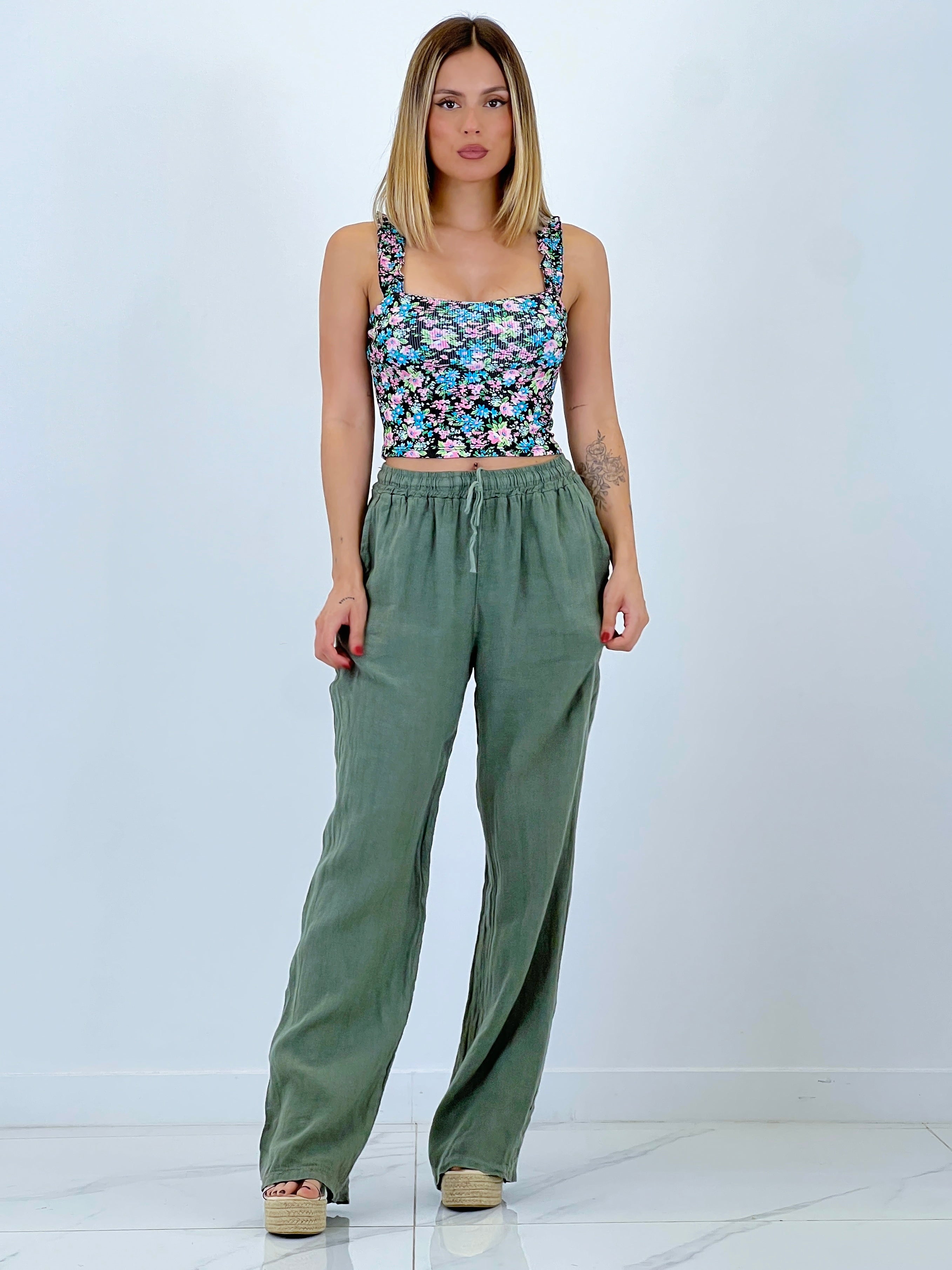 Linen flared trousers with elastic