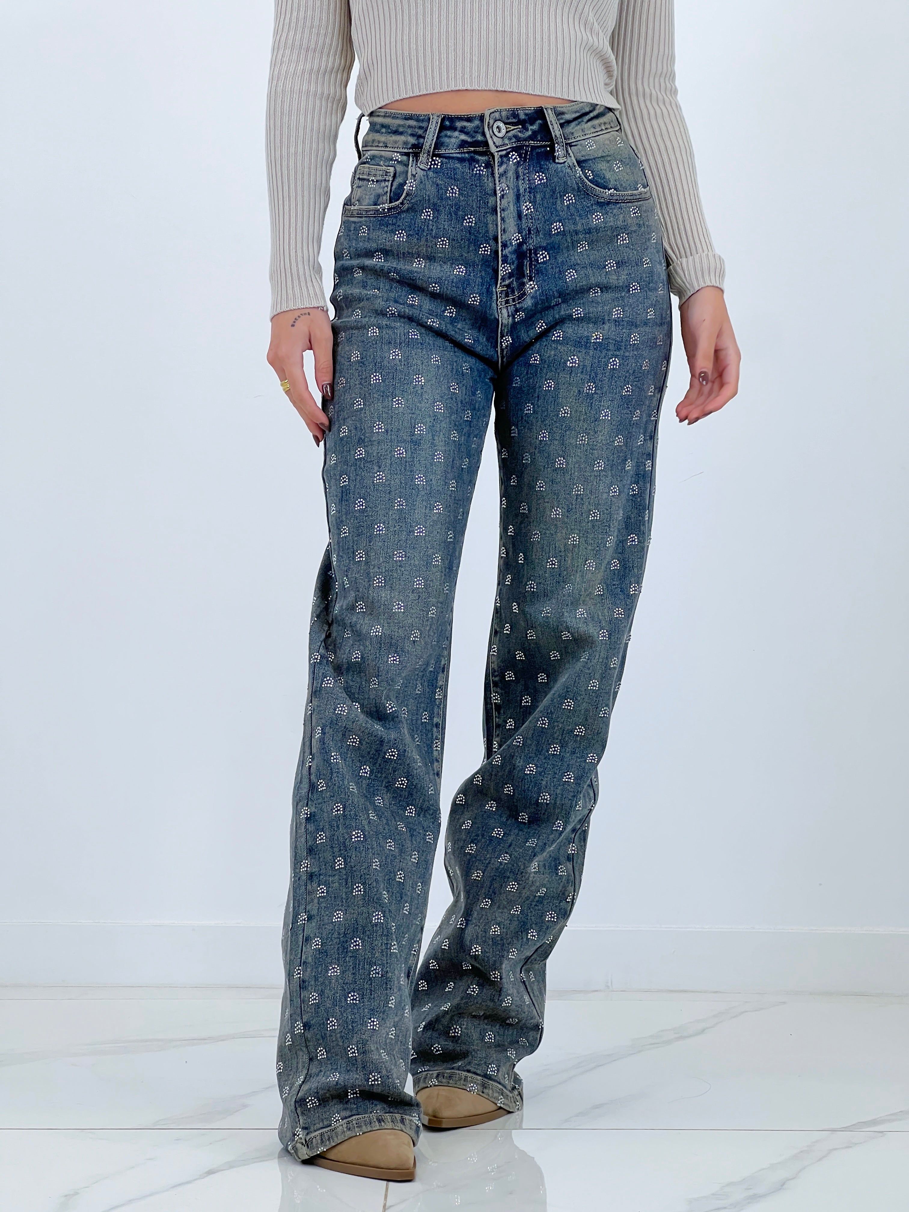 Jeans jambe large cercles brillants