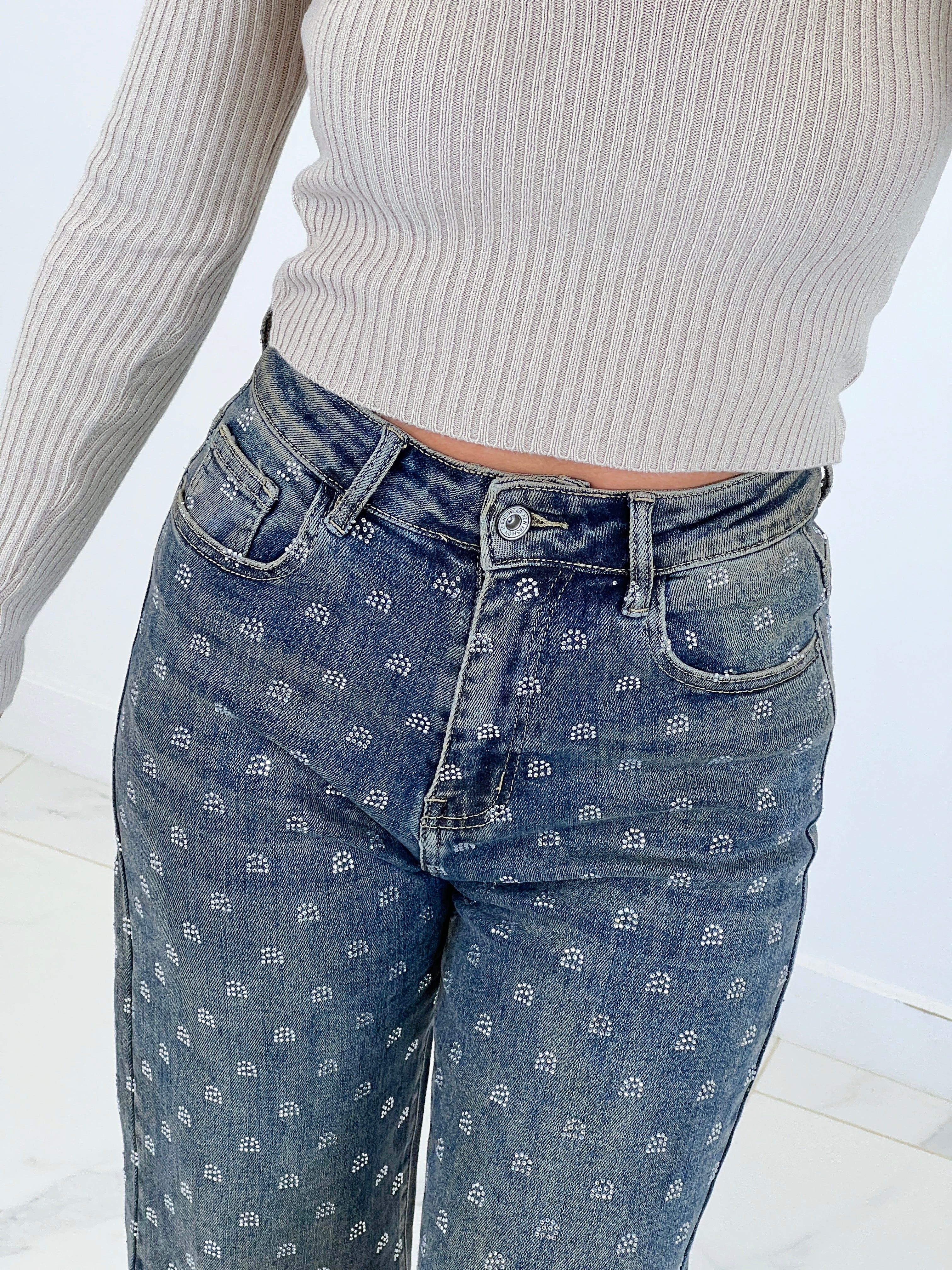 Jeans jambe large cercles brillants