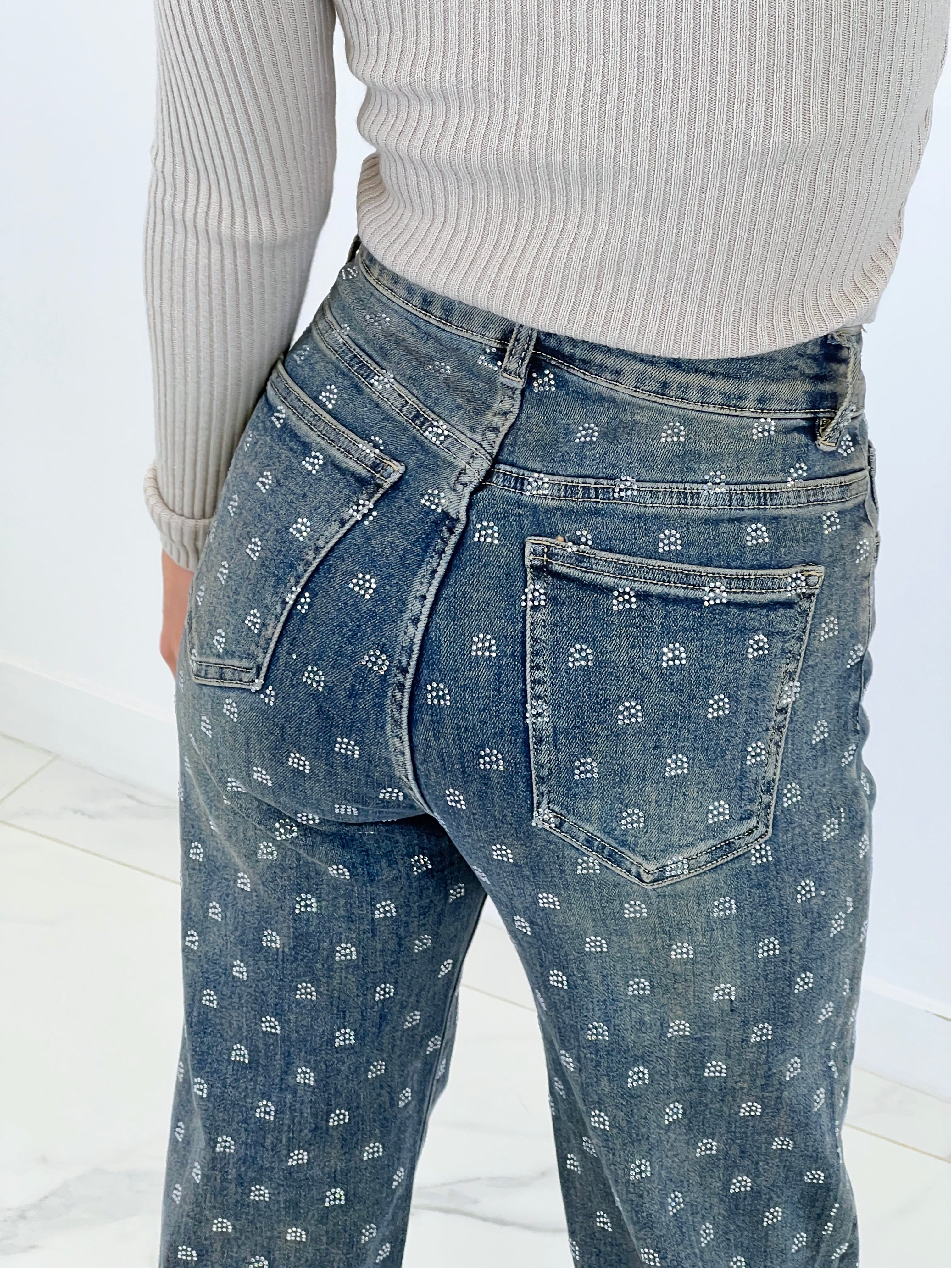 Jeans jambe large cercles brillants