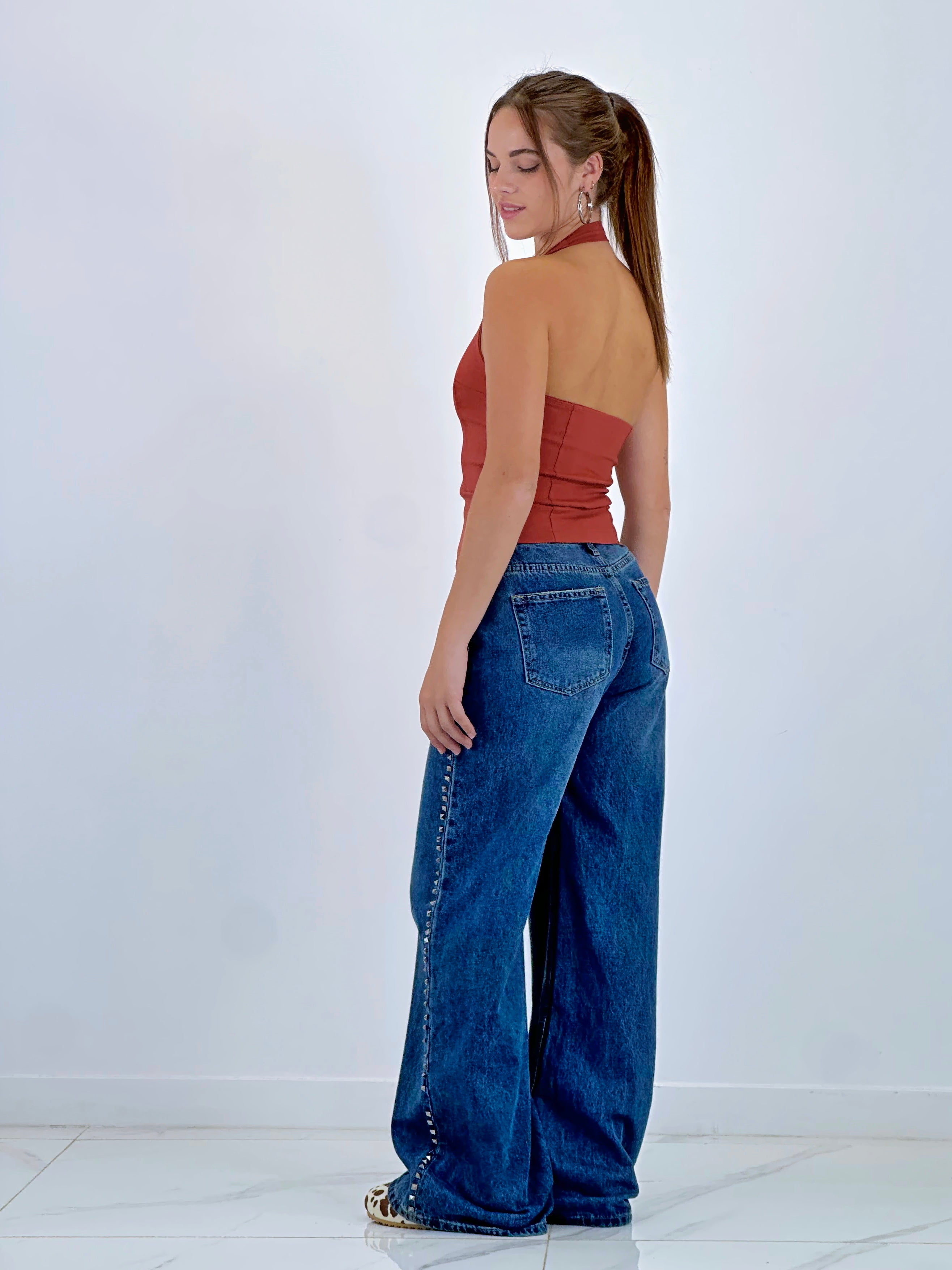 Jeans wide leg tiro alto tachuelas - Zebra&Maduixa®
