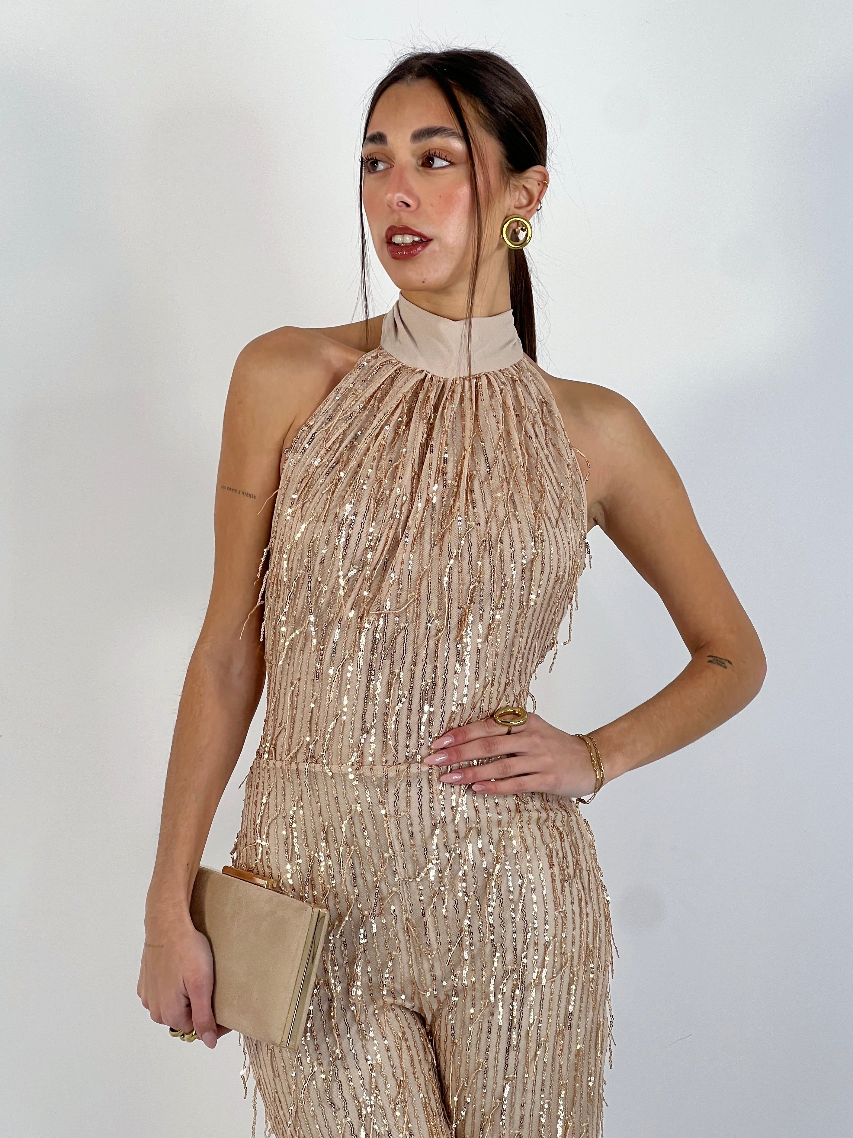 Mono halter con frange e paillettes
