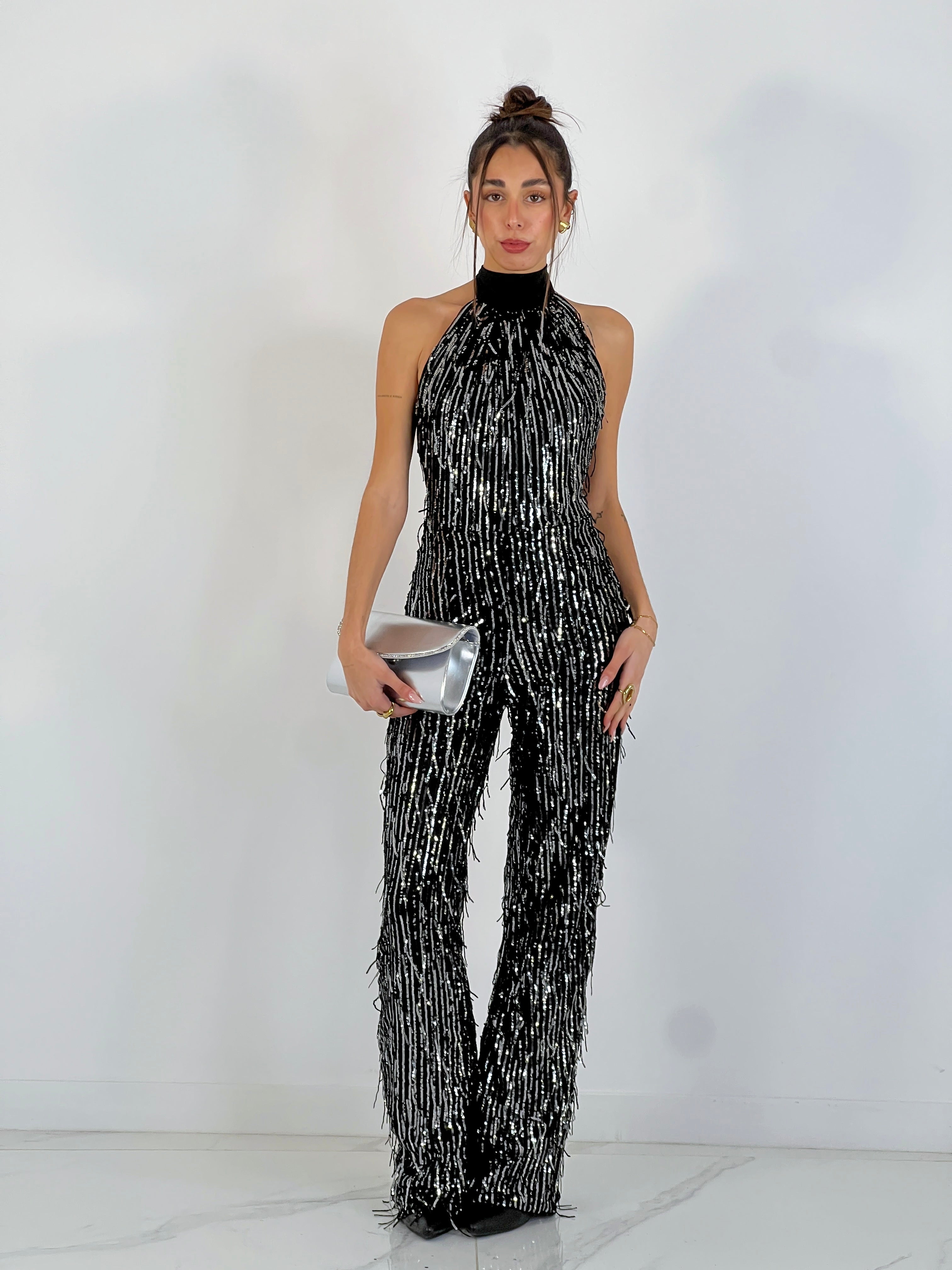 Mono halter con frange e paillettes