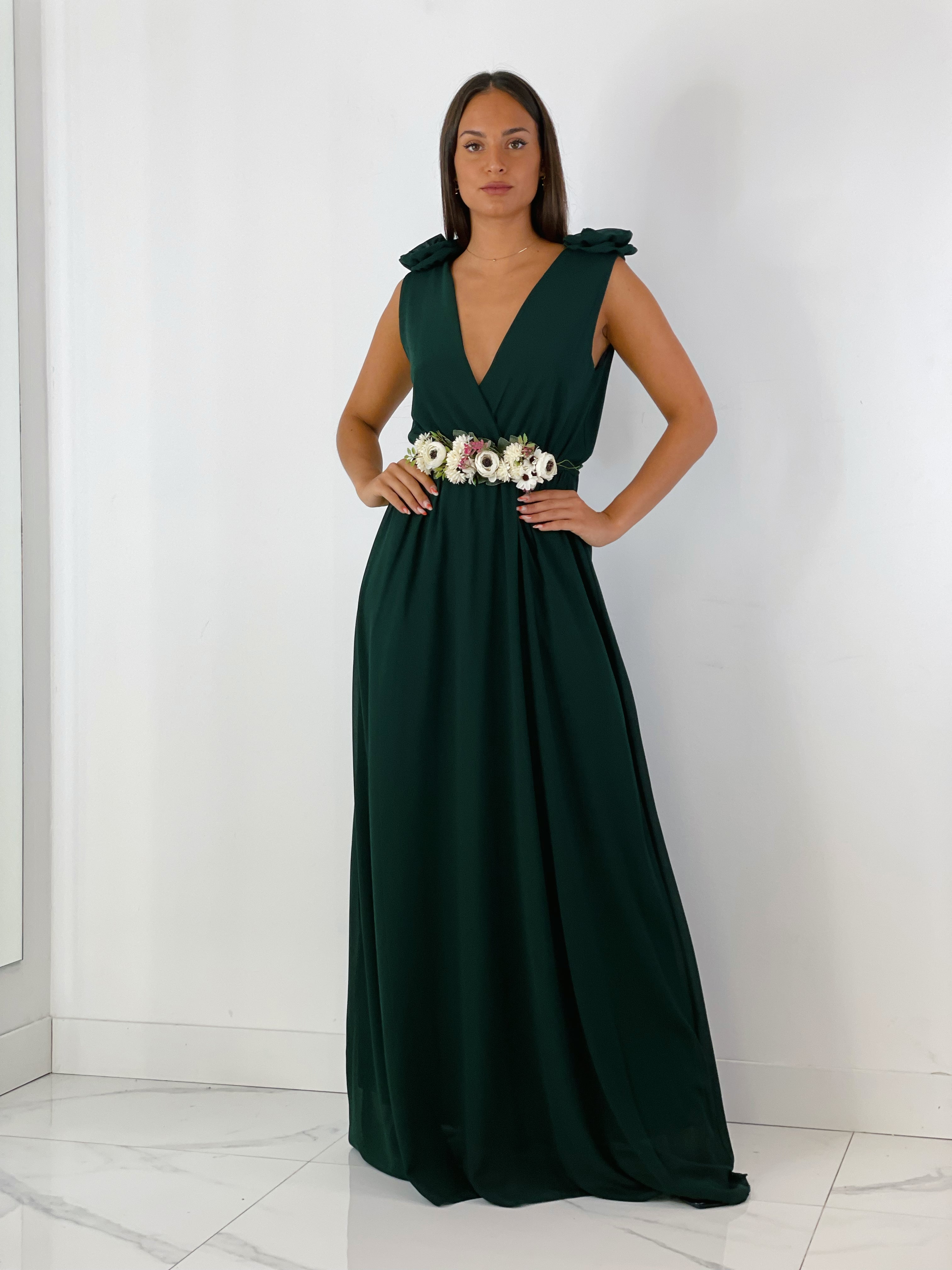 Vestido ceremonia con flores en los hombros color verde botella | Zebra&Maduixa