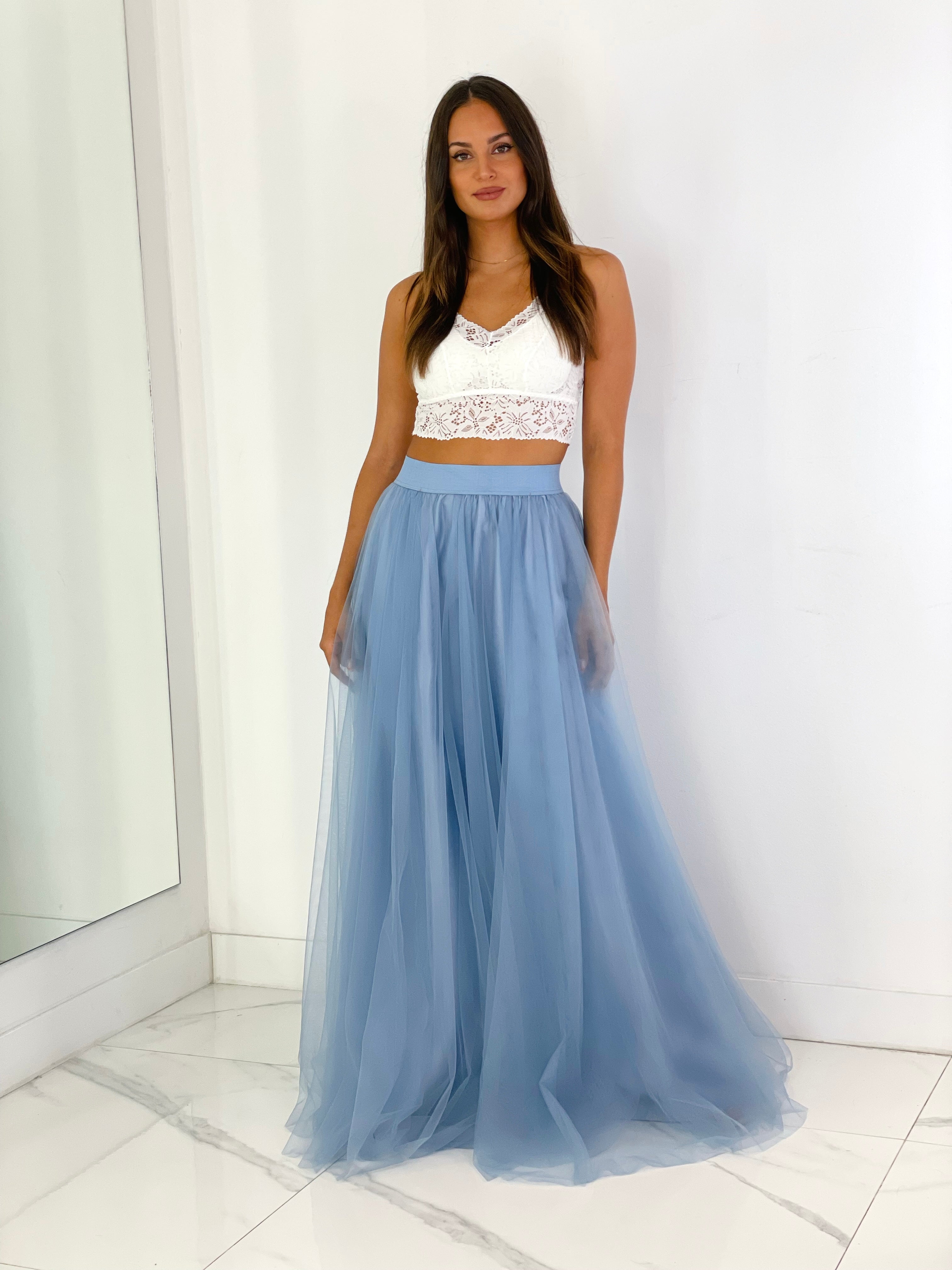 Falda de tul larga azul - elegante para boda o eventos o ceremonia | Zebra&Maduixa 