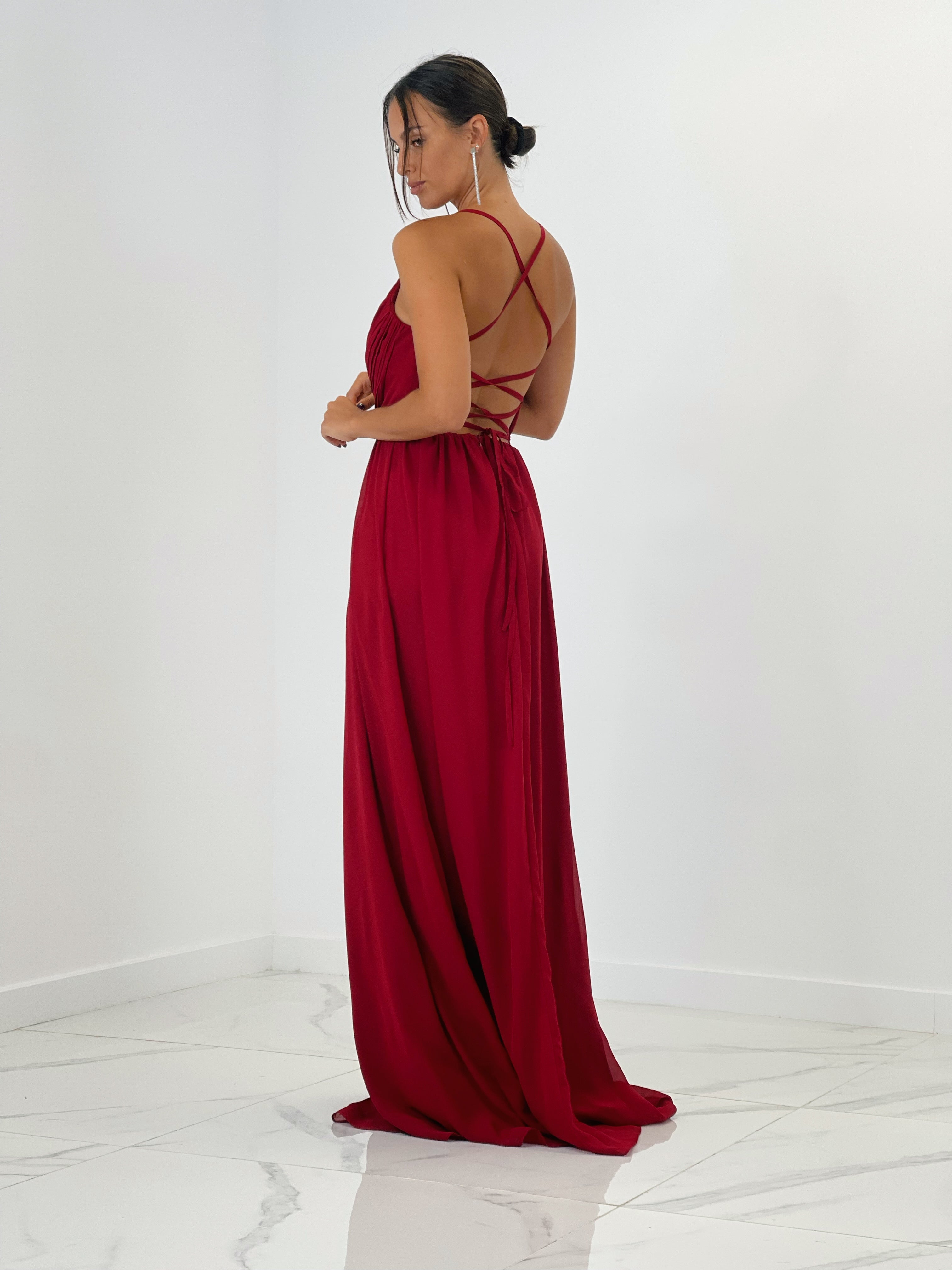 Vestido de ceremonia con escote cruzado y espalda cruzada granate | Zebra&Maduixa